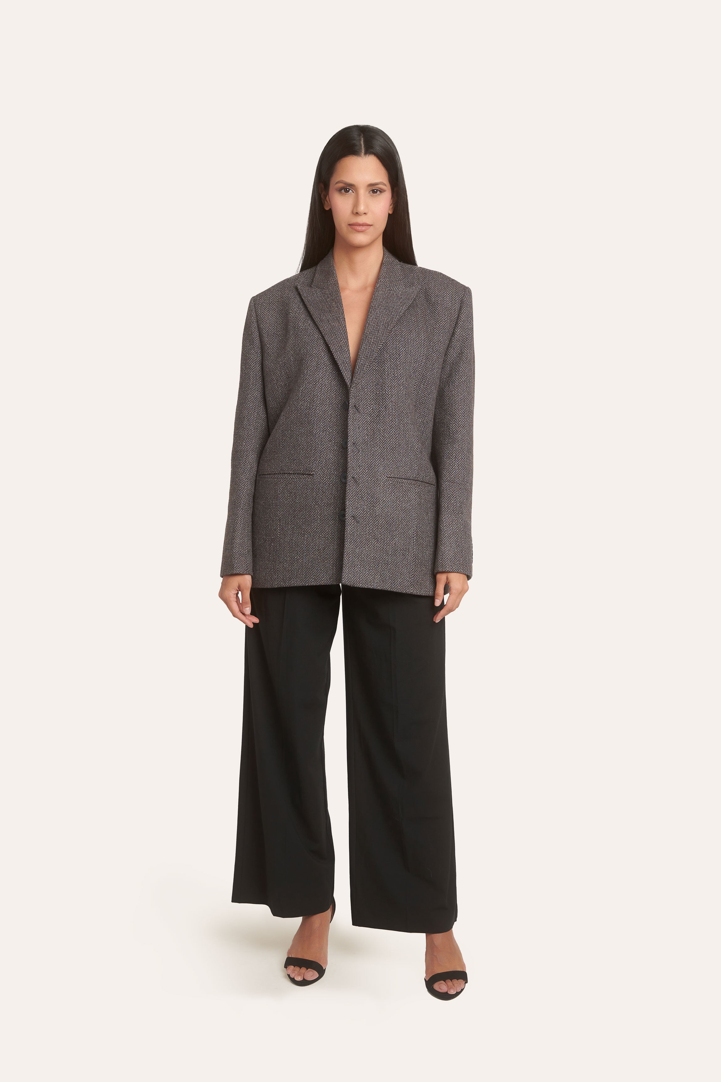 Unisex grey adjustable wool jacket front