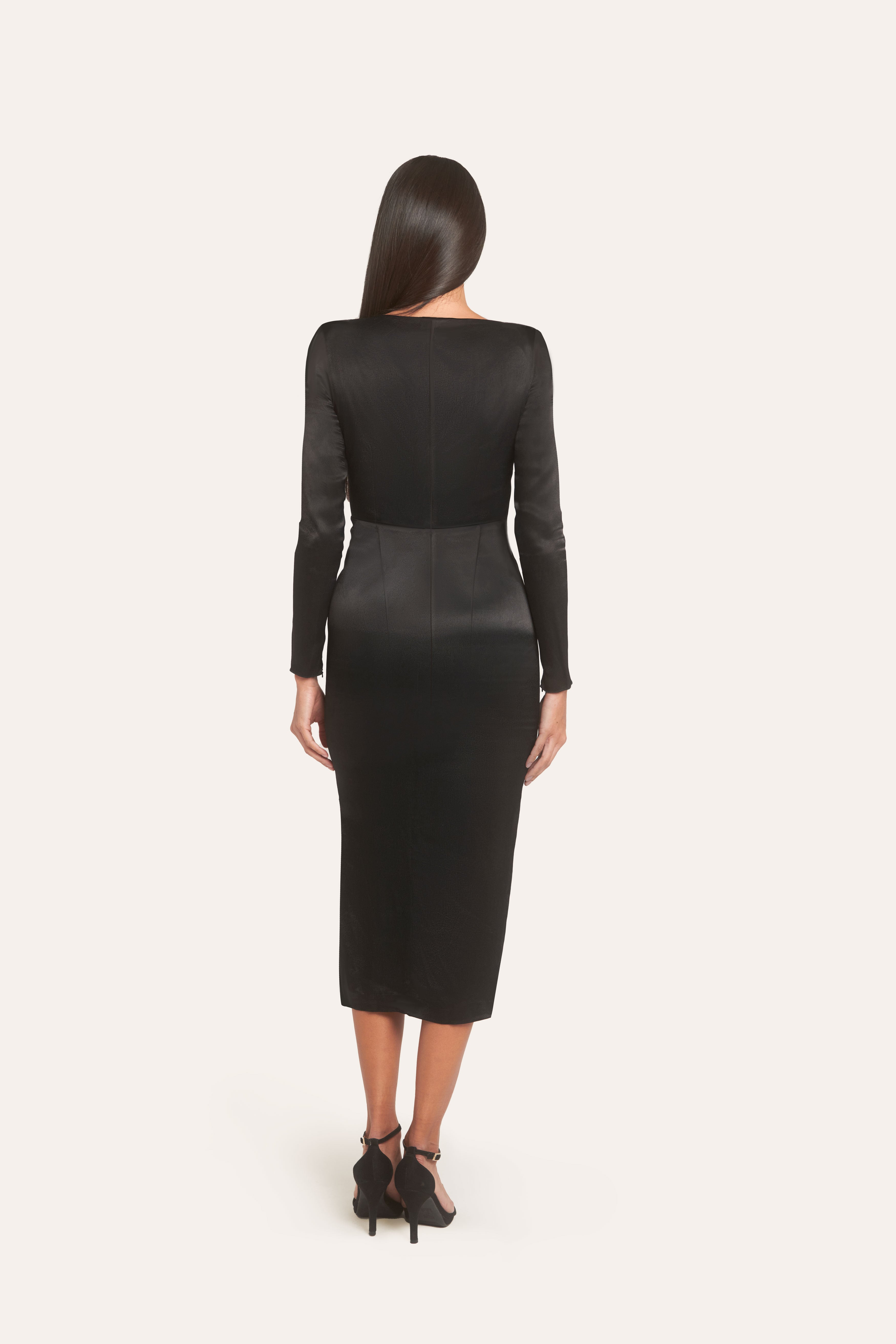 Black midi long-sleeved fitted dress