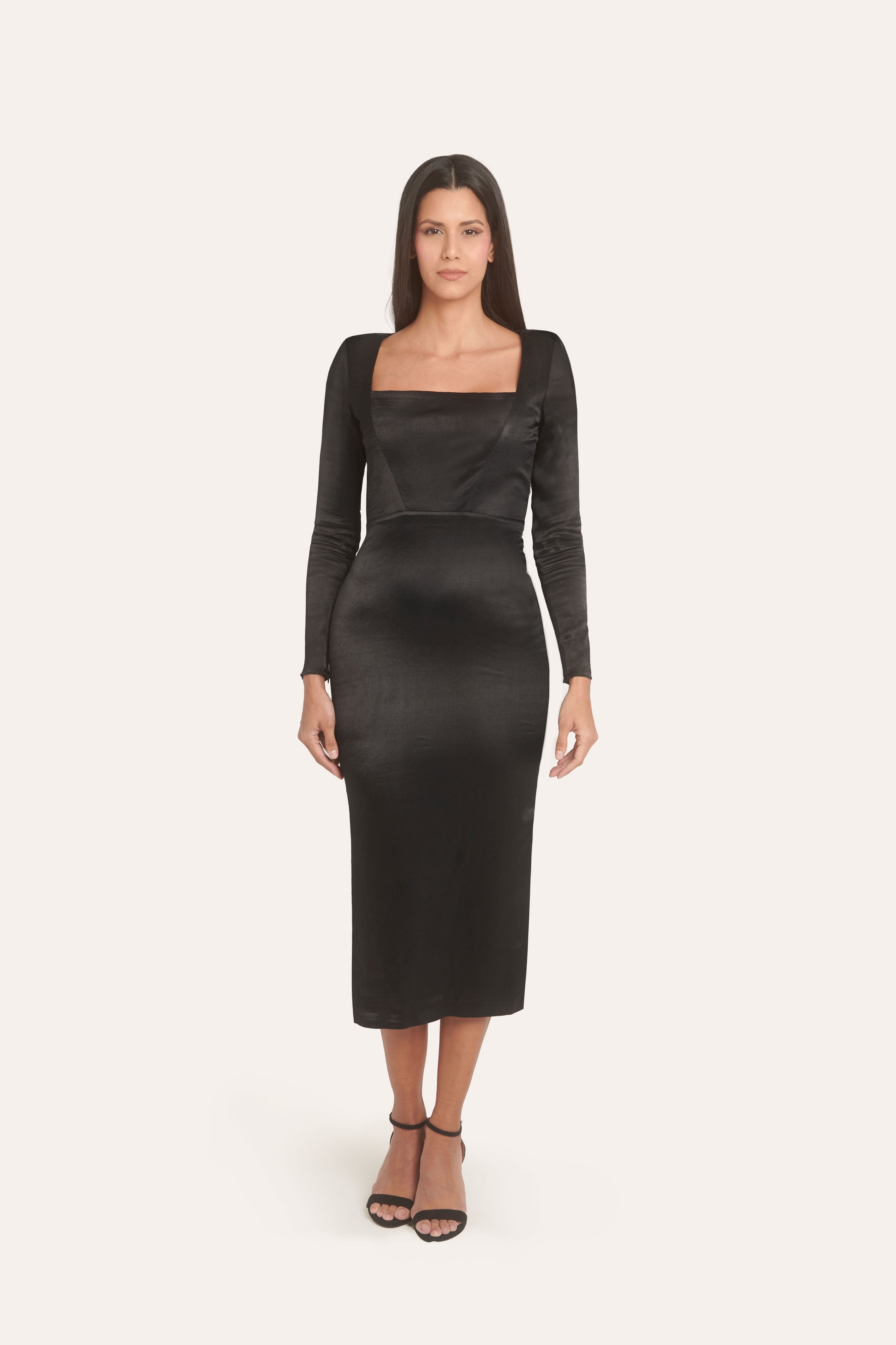 Black midi long-sleeved fitted dress